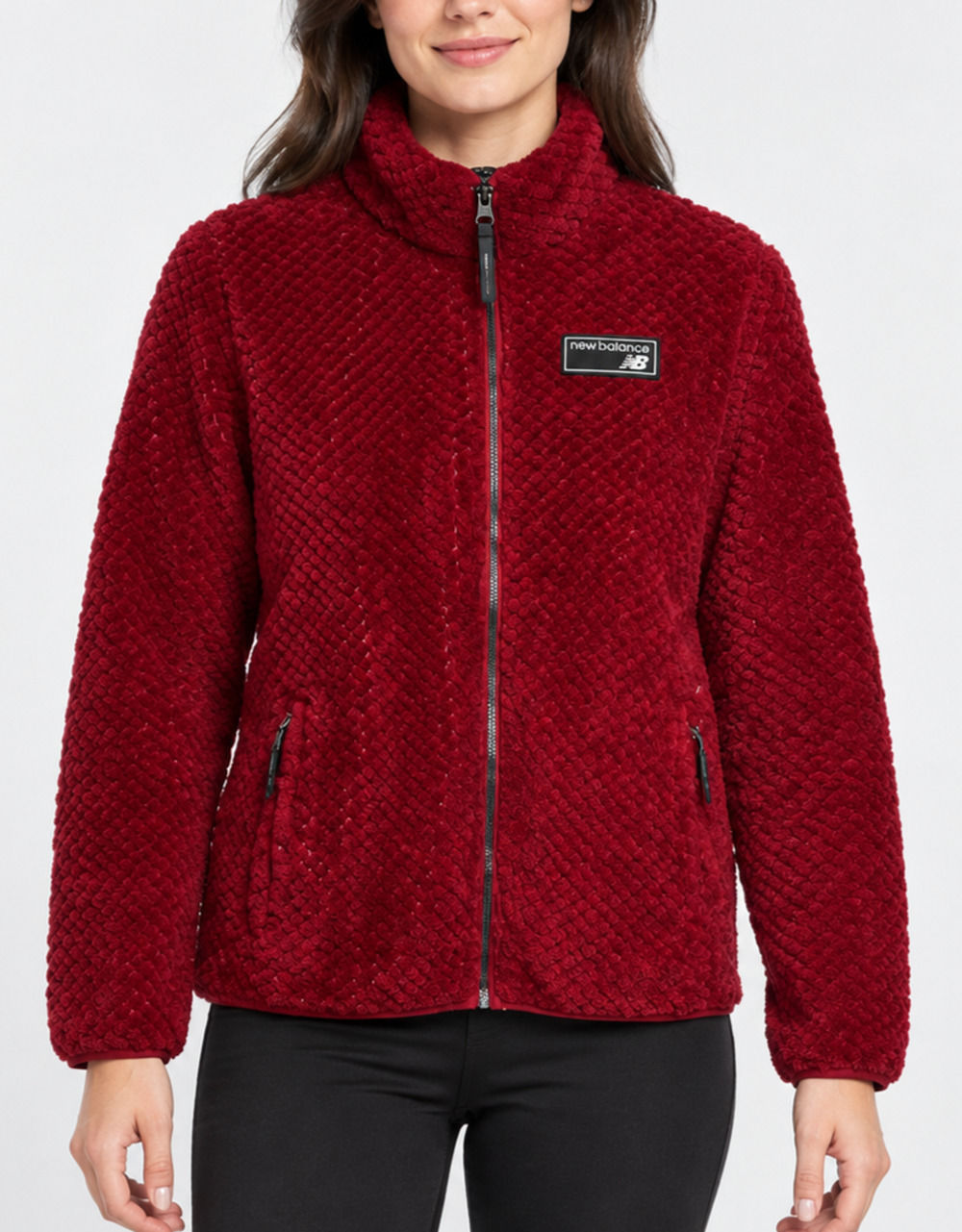 New Balance Womens M Burgundy Red Sherpa Fleece Jacket Full Zip Pockets Warm